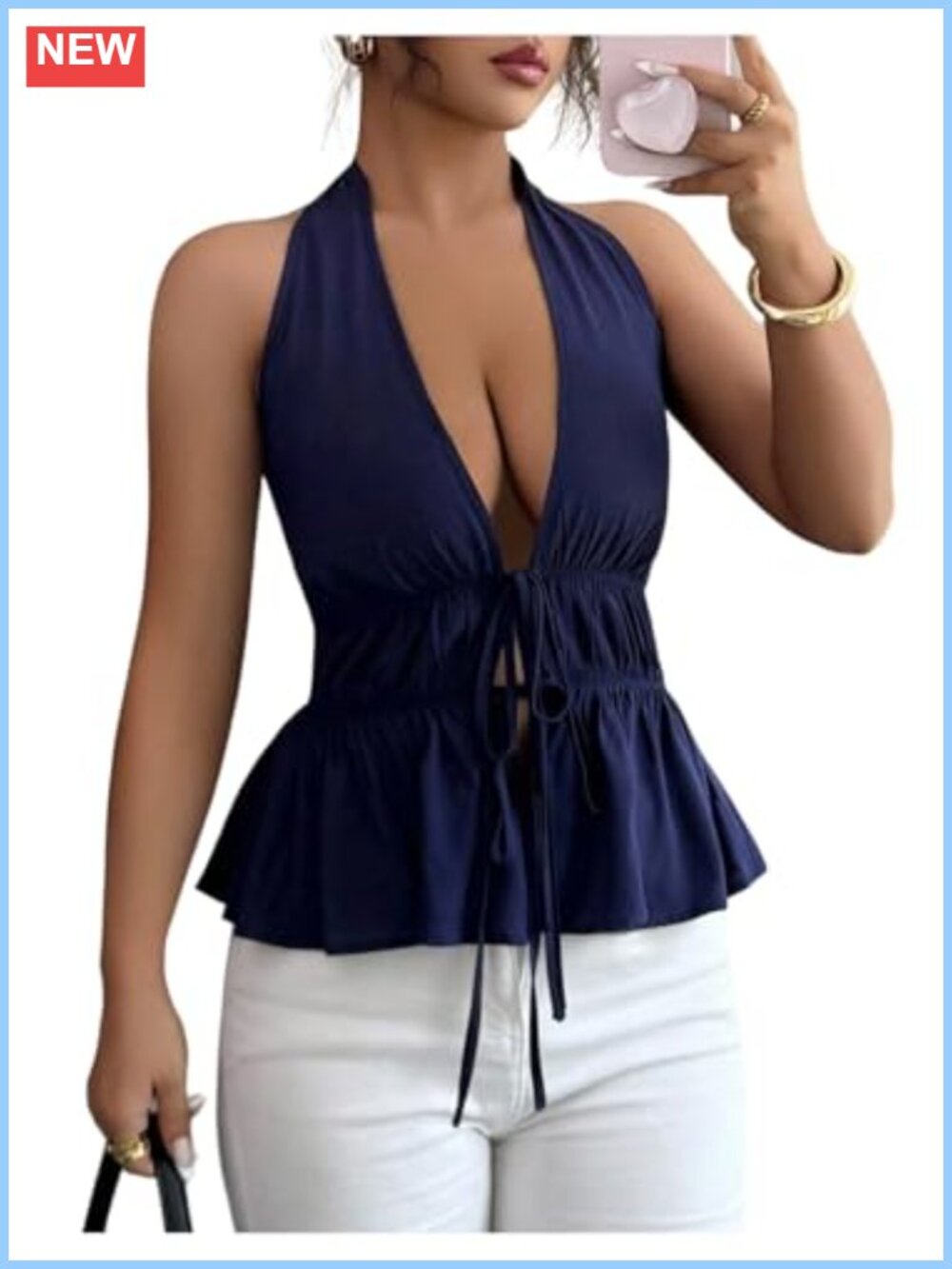 Womens Y2K Halter Tie Front Peplum Top Sleeveless Backless Going Out